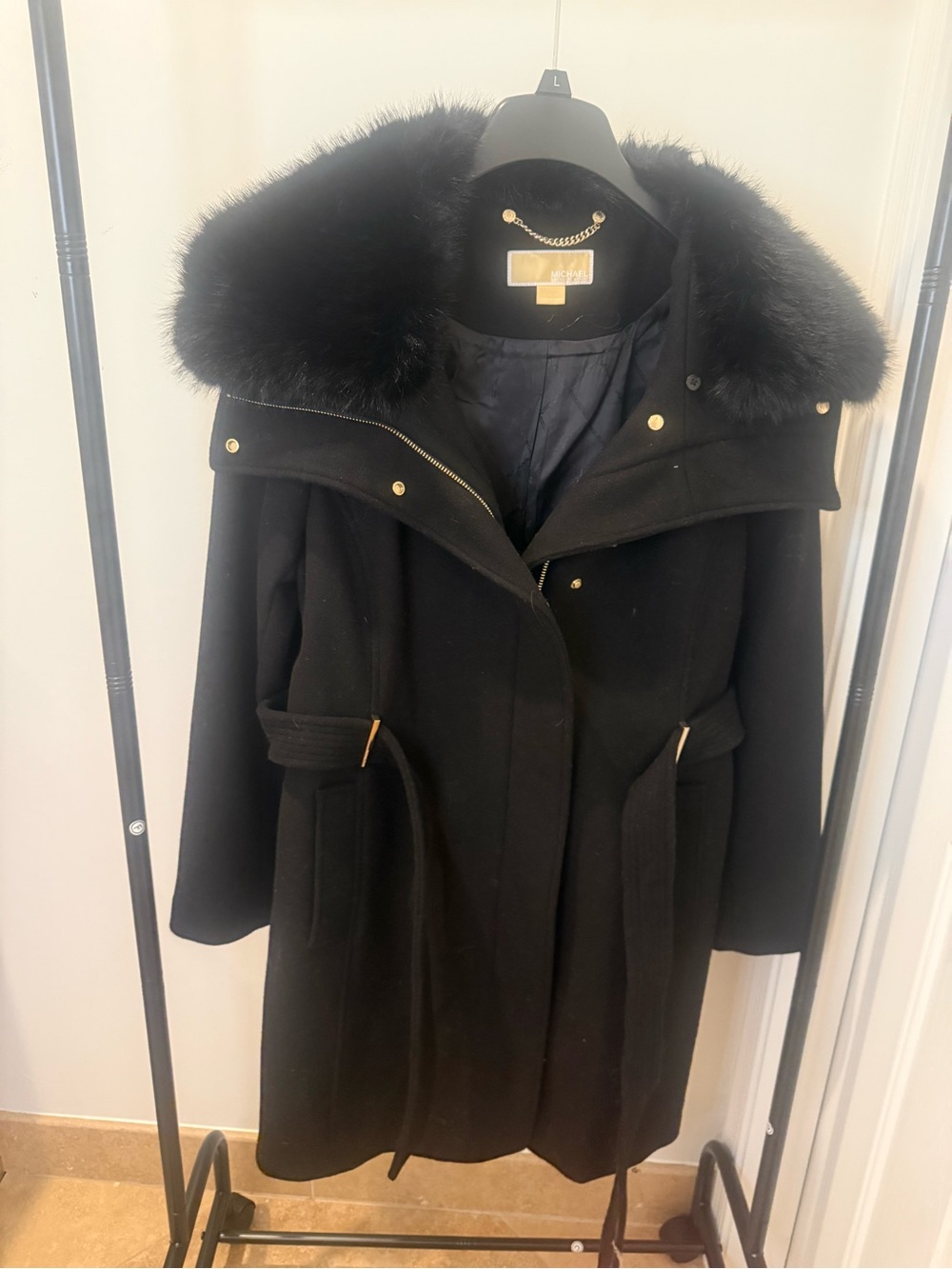 Michael Kors Black Wool Belted Coat with Removable Fur Collar